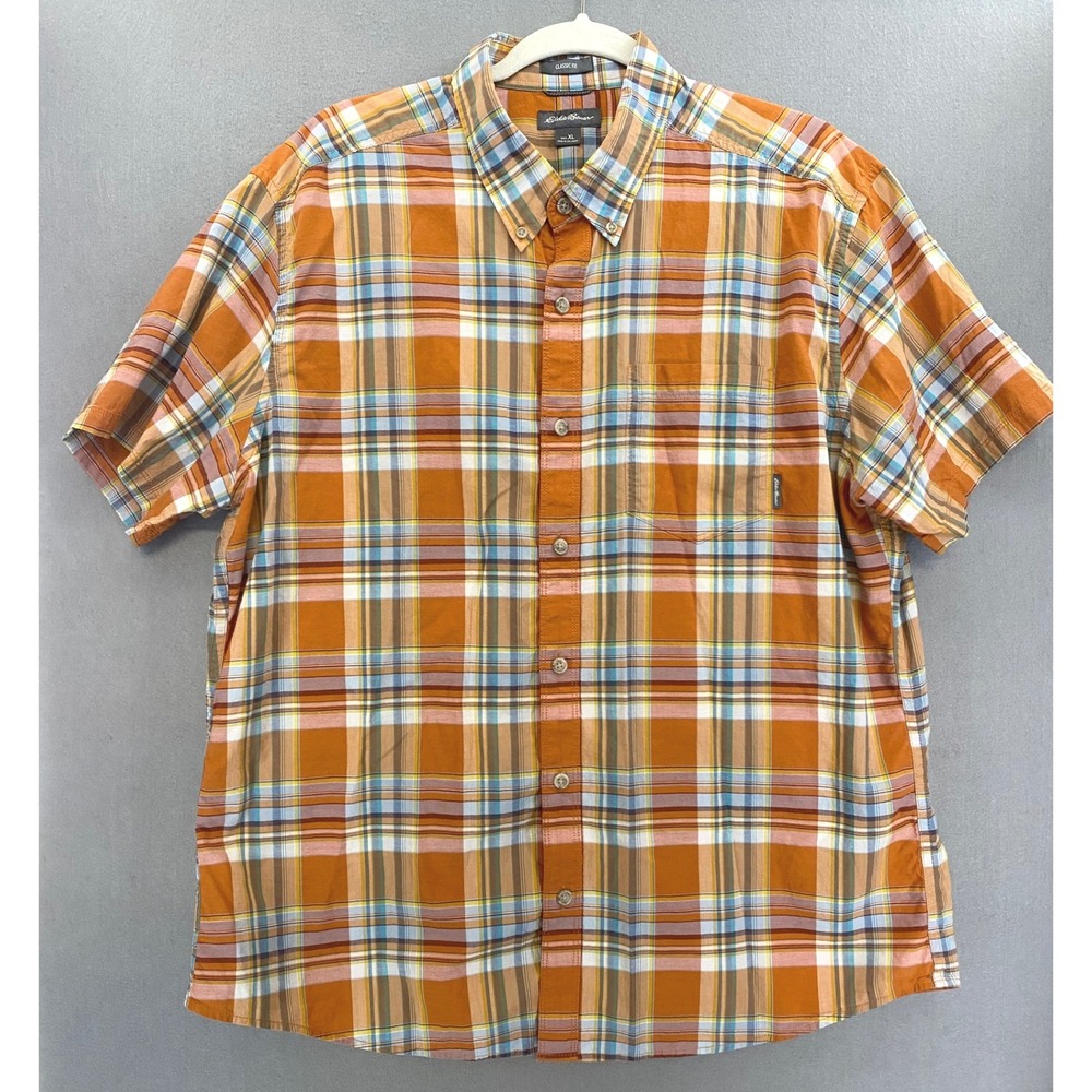 Eddie Bauer Mens XL Orange Plaid Short Sleeve Button Down Shirt Classic Fit